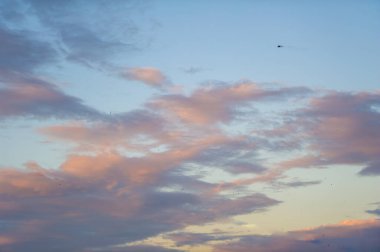 Gün batımında gökyüzünün güzel bir manzarası var. Pembe, mor ve mavi renklerin yumuşak renkleri sakin bir sahne oluşturmak için karışıyor. Hafif bulutlar, yumuşak bir ahenkle gökyüzünde süzülür.