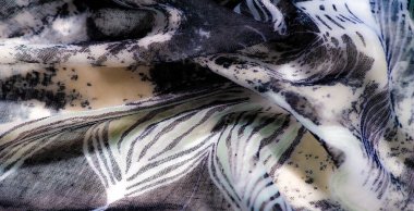 Görüntü, zarif bir tekstil siyah ve yumuşak soluk renkleri karmaşık desenlerle birleştirir. Akan kumaş zamansız ve sanatsal bir özü yakalar..