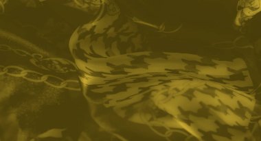 Houndstooth ve zincir desenleri içeren bulanık sarı kumaş, dinamik, soyut ve dekoratif bir görsel kompozisyon oluşturmak için doku ve tasarımın harmanlanması.