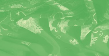 Yeşil arka planı olan bulanık kumaş ve karmaşık çiçek desenleri, pürüzsüz kıvrımlar ve yumuşak dokular sergiliyor. Işık filtrelemesi tasarımın hassas detaylarını vurgular,