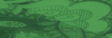 Bulanık, çiçekli desenli bir desen pürüzsüz yeşil bir kumaşa karşı ortaya çıkıyor. Canlı, sanatsal tasarımı yaratıcı tekstil ve sanat projeleri için mükemmeldir.