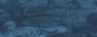 Üst üste binen şal desenli ve çiçek motifli mavi kumaş bulanıklığı. Yumuşak dokular ve narin kıvrımlar sofistike tasarımı vurguluyor..