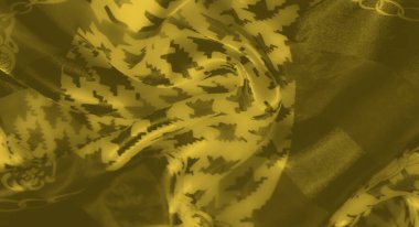 Birbirine kenetlenmiş zincir desenleri ve geometrik motiflerle bulanık sarı kumaş yaratıcı projelerde kullanım için mükemmel, zengin, dokulu bir tasarım yaratıyor..