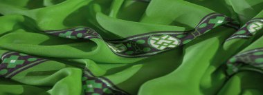 Mor ve beyaz dekoratif desenli zarif yeşil kumaş bulanıklığı. Karmaşık detaylar ve yumuşak püsküller lüks tasarımlar için çarpıcı, akıcı bir etki yaratır..