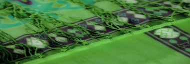 Mor ve geometrik desenlerle süslenmiş gösterişli yeşil kumaş, yumuşak püskül aksanıyla detaylandırılmış, sanatsal ve dekoratif kullanım için mükemmel..