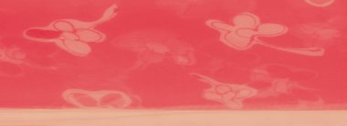 Bulanık pembe kumaş şeffaf çiçek desenleri ve yumuşak, akan kıvrımlarla süslenmiş rüya gibi ve sanatsal bir kompozisyon sergiliyor.