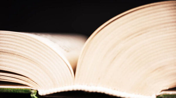Close-up of an open book, selective focus, and shallow depth of field