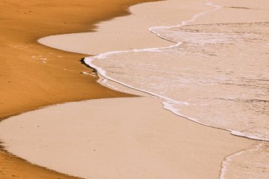 Okyanus dalgaları ile altın kumlu sahil, gün batımında alçak gelgit, güzel arka plan, renkli manzara