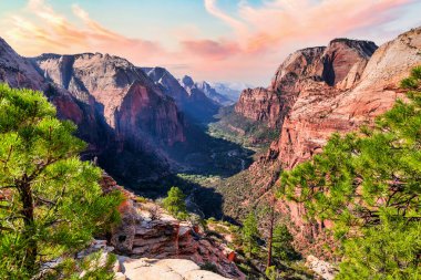 Zion Ulusal Parkı, Utah, ABD. Güzel manzaralar, ilkel doğa, inanılmaz güzel kayalar ve dağlar. Kavram, turizm, şehir simgesi