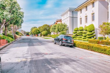 San Francisco, ABD - 23 Ekim 2021, San Francisco 'daki Sea Cliff bölgesi, güzel, rahat, bakımlı caddeler. Şehir manzarası