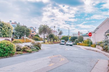 San Francisco, ABD - 23 Ekim 2021, San Francisco 'daki Sea Cliff bölgesi, güzel, rahat, bakımlı caddeler. Şehir manzarası