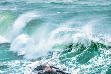 Dalgalar yakın çekim yapıyor. Kristal berrak deniz suyu, San Francisco Körfezi 'nde okyanus, mavi su renkleri..