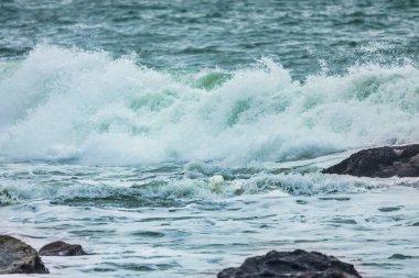 Dalgalar yakın çekim yapıyor. Kristal berrak deniz suyu, San Francisco Körfezi 'nde okyanus, mavi su renkleri..