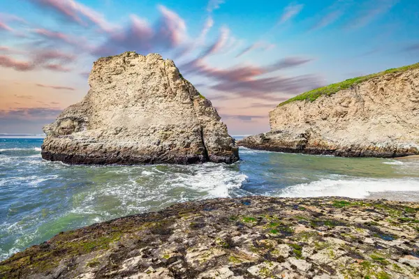 stock image Sunset at Shark Fin Bay, beautiful beach landscape, on the coast of the California Highway, ocean rocks