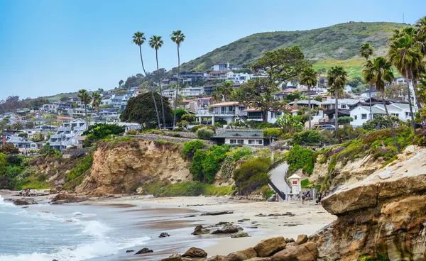 Orange County California 'daki Treasure Island Park' ta palmiye ağaçları olan Laguna Sahili Okyanus Kıyısı.