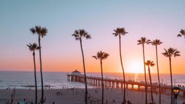 Kaliforniya, Los Angeles 'ta gün batımında Manhattan sahilinde palmiye ağaçları ve iskele..