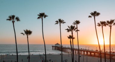 Kaliforniya, Los Angeles 'ta gün batımında Manhattan sahilinde palmiye ağaçları ve iskele..