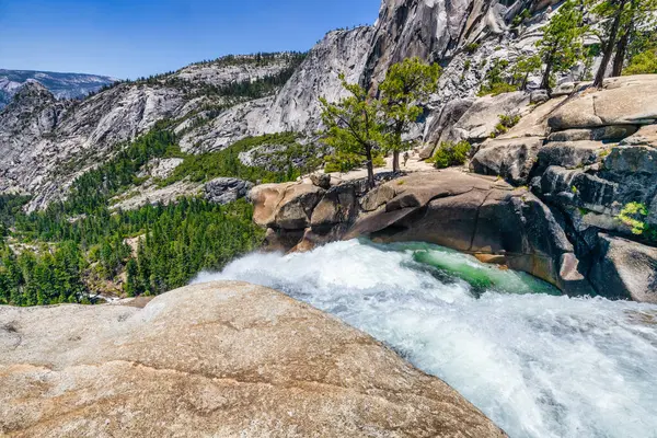 stock image Aerial view of Nevada Fall waterfall on Merced River from Mist trail in Yosemite National Park. Summer travel holidays in California, United States.