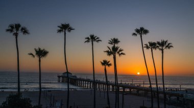 Kaliforniya, Los Angeles 'ta gün batımında Manhattan sahilinde palmiye ağaçları ve iskele..