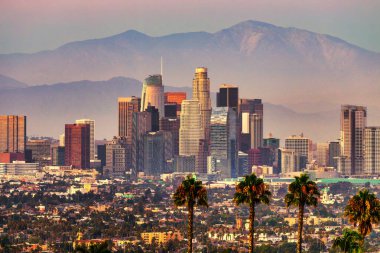 Los Angeles şehir merkezinin güzel akşam manzarası ve ön planda palmiye ağaçları. Hayaller şehri, güzellik, moda, sinema, dünyadaki en harika yer.