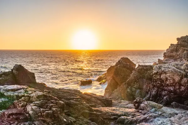 stock image Beautiful landscape of Pacific Ocean coast along Highway 1 and Big Sur, aerial view, sunset, sunrise, fog. Concept, travel, vacation, weekend.