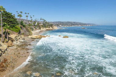 Treasure Island Park, Orange County, Kaliforniya, ABD 'deki palmiye ağaçları ile Laguna Sahili' nin güzel manzarası..