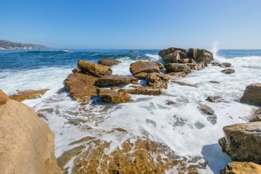 Treasure Island Park, Orange County, Kaliforniya, ABD 'deki palmiye ağaçları ile Laguna Sahili' nin güzel manzarası..