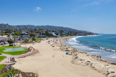 Treasure Island Park, Orange County, Kaliforniya, ABD 'deki palmiye ağaçları ile Laguna Sahili' nin güzel manzarası..