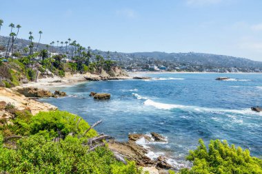 Treasure Island Park, Orange County, Kaliforniya, ABD 'deki palmiye ağaçları ile Laguna Sahili' nin güzel manzarası..