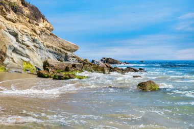 Treasure Island Park, Orange County, Kaliforniya, ABD 'deki palmiye ağaçları ile Laguna Sahili' nin güzel manzarası..
