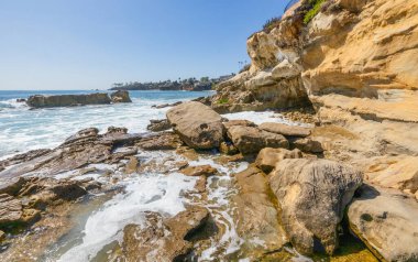 Treasure Island Park, Orange County, Kaliforniya, ABD 'deki palmiye ağaçları ile Laguna Sahili' nin güzel manzarası..