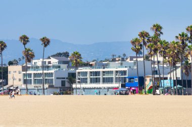 Los Angeles, ABD, Kaliforniya - 13 Ağustos 2024, Venedik Sahili 'ndeki Ocean Front Walk boyunca ünlü, sevilen Los Angeles tatil yeri, dükkanlar ve butikler.