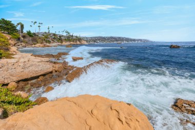 Treasure Island Park, Orange County, Kaliforniya, ABD 'deki palmiye ağaçları ile Laguna Sahili' nin güzel manzarası..