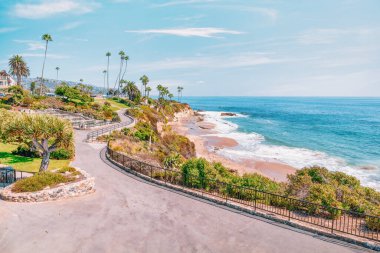 Treasure Island Park, Orange County, Kaliforniya, ABD 'deki palmiye ağaçları ile Laguna Sahili' nin güzel manzarası..