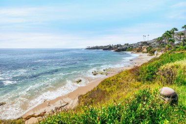 Treasure Island Park, Orange County, Kaliforniya, ABD 'deki palmiye ağaçları ile Laguna Sahili' nin güzel manzarası..