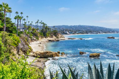 Treasure Island Park, Orange County, Kaliforniya, ABD 'deki palmiye ağaçları ile Laguna Sahili' nin güzel manzarası..