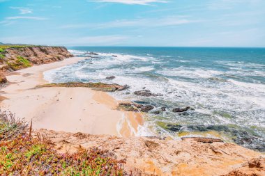 Cowell Çiftliği plajı, California sahilinde Half Moon Körfezi yakınlarında okyanus dalgaları. Güzel manzara, dinlenme kavramı, tatil, turizm.