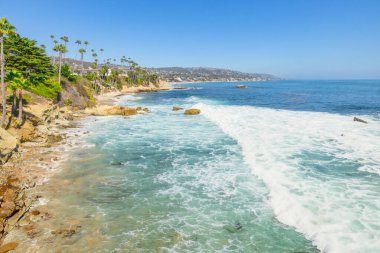 Treasure Island Park, Orange County, Kaliforniya, ABD 'deki palmiye ağaçları ile Laguna Sahili' nin güzel manzarası..