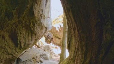 Bubnyshche 'deki Dovbush Kayaları, içeriden görünen antik mağara manastırı, Ukrayna' daki güzel ağaçlar ve Karpatya Dağları arasındaki muhteşem kayalar. Video 4K