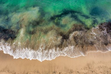 Sahildeki deniz suyu yaz arkaplanı. Kum plajı çöl dokusu. Beyaz köpük dalgası kumlu deniz manzarası.
