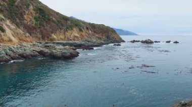 Kaliforniya 'daki 1. Otoyol boyunca Pasifik Okyanusu kıyı şeridi havadan görünüyor. Big Sur, Bixby Köprüsü, Lucia. Seyahat konsepti, turizm, seyahat, tatil. 4K video.