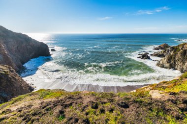 Breathtaking aerial view of Point Reyes, California, showcasing dramatic coastal cliffs surrounded by the Pacific Ocean. A stunning destination for nature lovers, photographers, and outdoor clipart