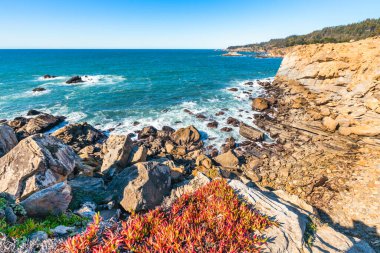 Kaliforniya 'nın Kuzey Kaliforniya Otoyolu boyunca uzanan sahil kayalıkları. Engebeli okyanus kayaları, çarpan dalgalar ve renkli bir gökyüzü nefes kesici bir Pasifik Sahili manzarası yaratır..