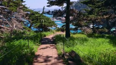 Kaliforniya 'daki Point Lobos Eyaleti Doğal Rezervi turkuvaz suları, engebeli uçurumları ve canlı kıyı manzarasıyla. Big Sur bölgesinde güneşli bir günde sakin okyanus manzarası, seyahat temaları için ideal