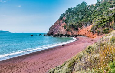 Kaliforniya 'daki Kirby Koyu Sahili' nde kırmızı kum, mavi okyanus dalgaları ve çam ağaçlarıyla kaplı dramatik uçurumlar. San Francisco yakınlarında gizli bir mücevher, doğa, seyahat ve kıyı keşfi temaları için mükemmel.