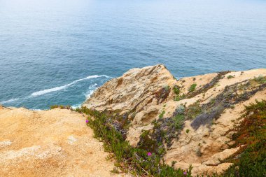 Dramatik okyanus kayalıkları ve bereketli sahil tepeleri. Devils Bunker manzaralı, Gray Whale Cove State Beach yakınlarında California manzaralı 1..