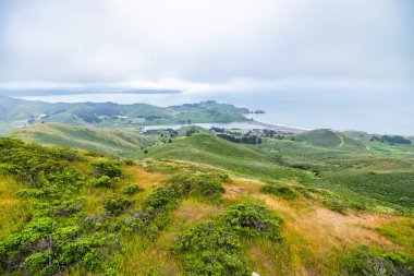 Kuzey Kaliforniya 'da dramatik kıyı gökyüzünün altında Pasifik Okyanusu' na bakan, Rodeo Sahili yakınlarındaki Marin Burnu 'nun yemyeşil tepelerinde dolambaçlı yollar..