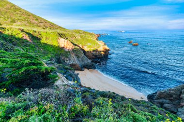 Kaliforniya, Big Sur yakınlarındaki Garrapata Eyalet Parkı 'nda manzaralı bir sahil manzarası, engebeli uçurumlar, canlı bitkiler ve açık bir bahar gününde Pasifik Okyanusu boyunca uzanan ikonik 1.