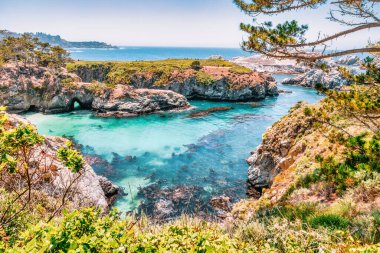 Point Lobos State Doğal Rezervi, Kaliforniya 'daki China Cove' un nefes kesici manzarası. Turkuaz sular, kayalık kayalıklar ve berrak bir yaz gökyüzü altında canlı kıyı bitkileri.