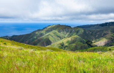 Soberanes Kanyonu 'nun manzaralı kıyı manzarası, yemyeşil Big Sur tepelerine ve Pasifik Okyanusu' na bakan Kaliforniya 'da dramatik bahar bulutları altında ikonik 1.